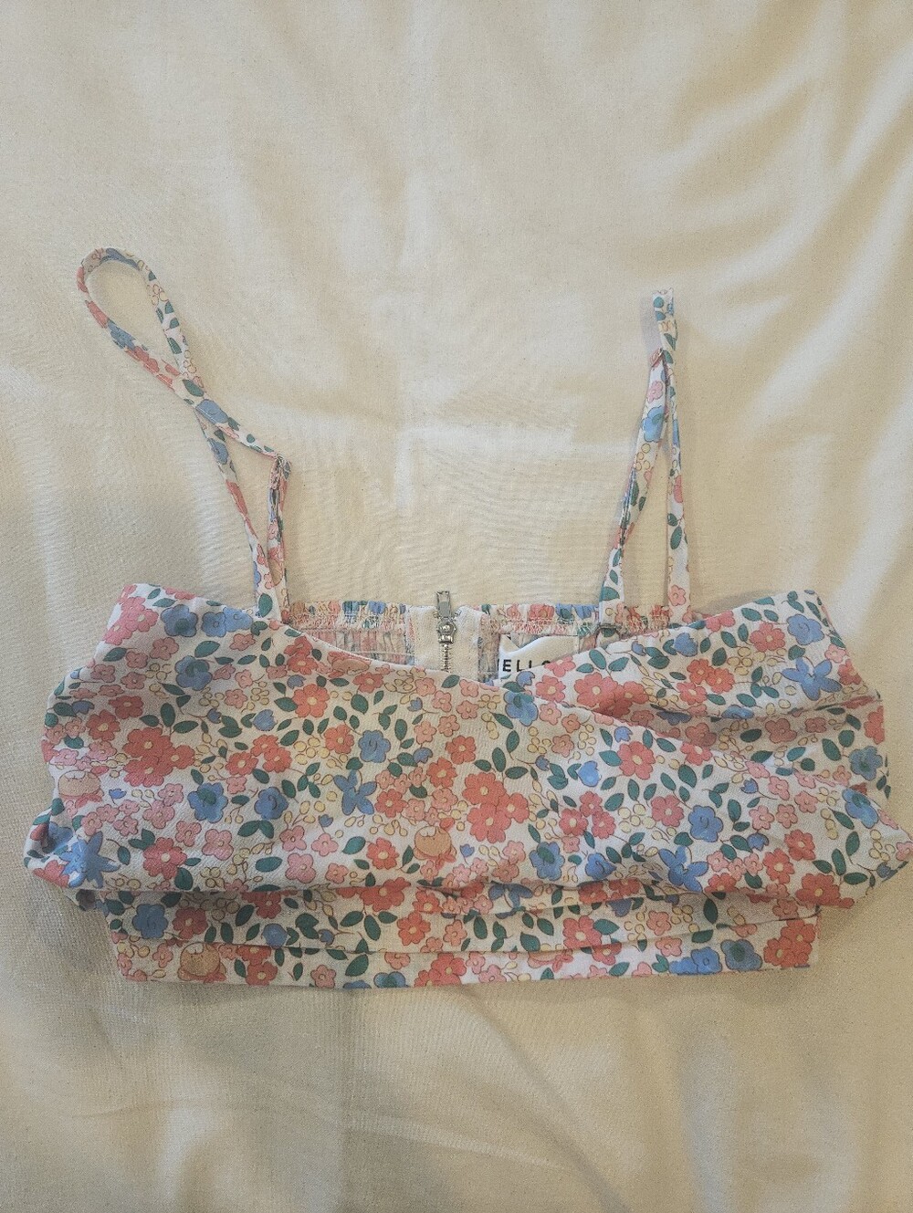 Hello Molly Floral Bandeau Style Crop Top 100% Cotton Smocked Zipper Size XSmall